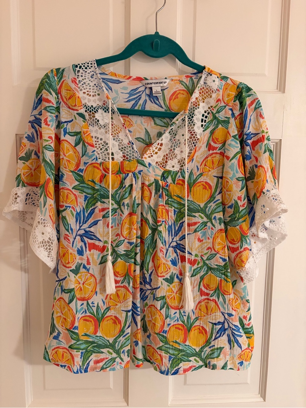 Counterparts White Tunic with Yellow Orange Citrus Print and lace detail
